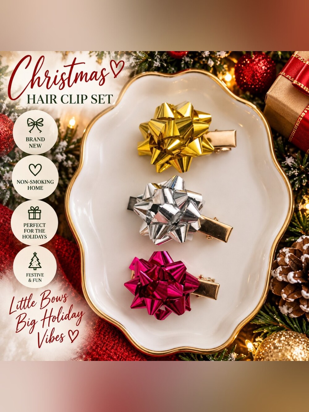 Holiday Gift Bow Hair Clip 3 Piece Set — Gold, Silver & Pink New